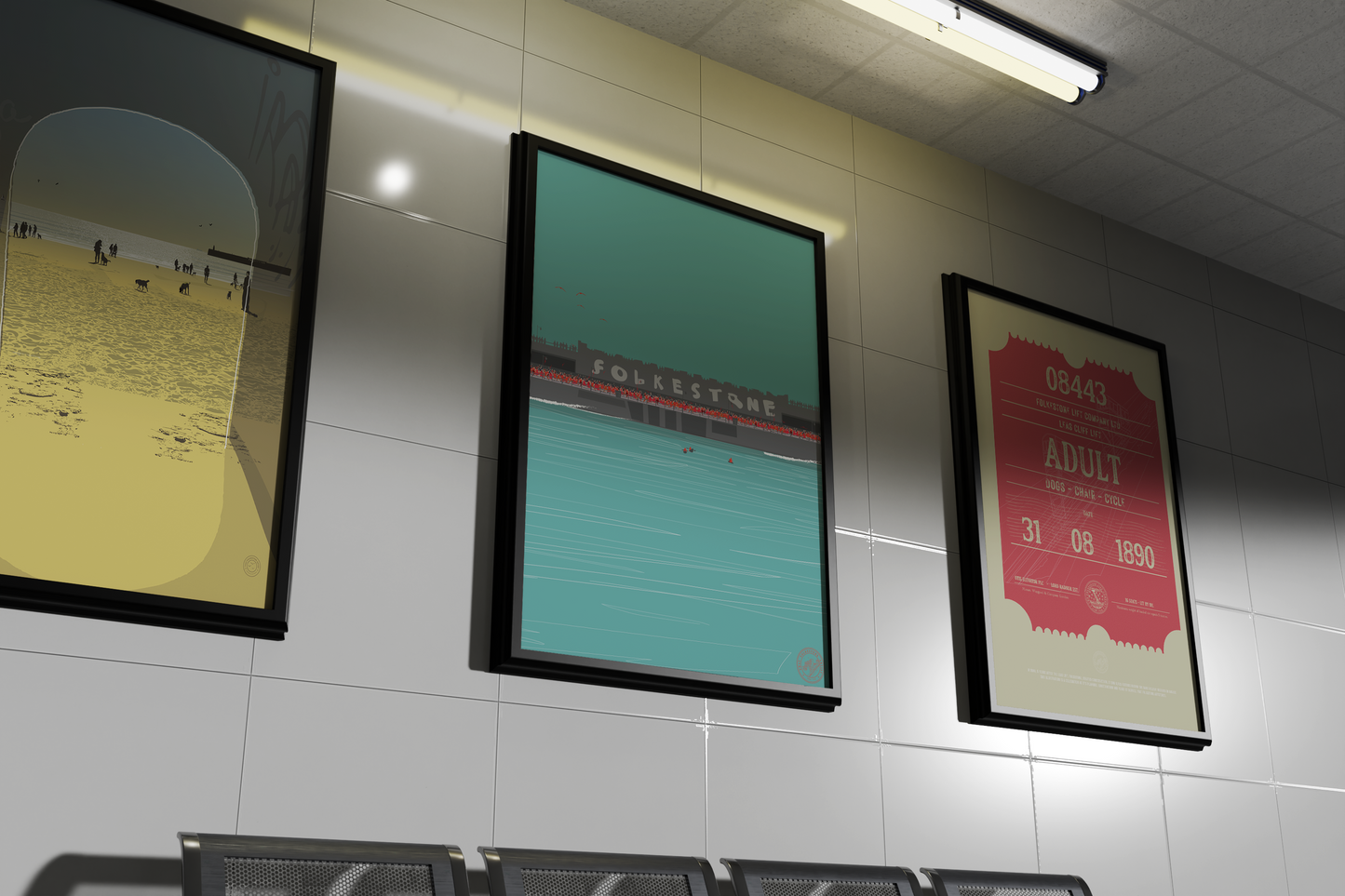 Folkestone Poster - 'Leas Lift Giant Ticket - Red & Green - Illustration