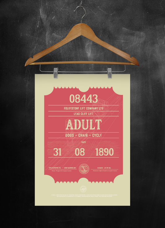 Folkestone Poster - 'Leas Lift Giant Ticket - Red & Green - Illustration