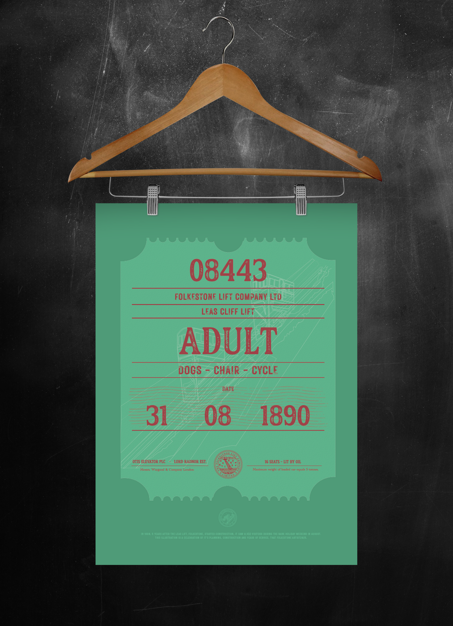 Folkestone Poster - 'Leas Lift Giant Ticket - Red & Green - Illustration