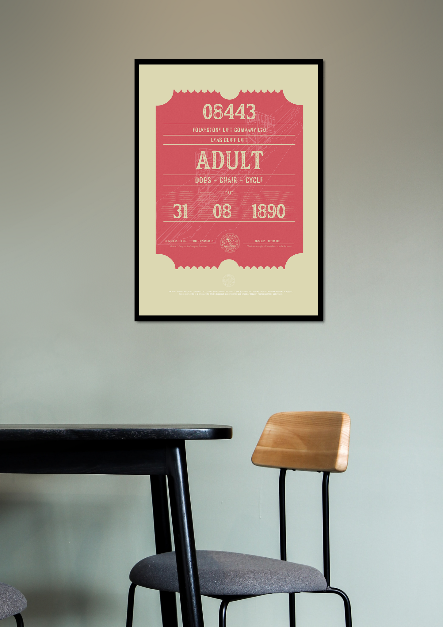 Folkestone Poster - 'Leas Lift Giant Ticket - Red & Green - Illustration