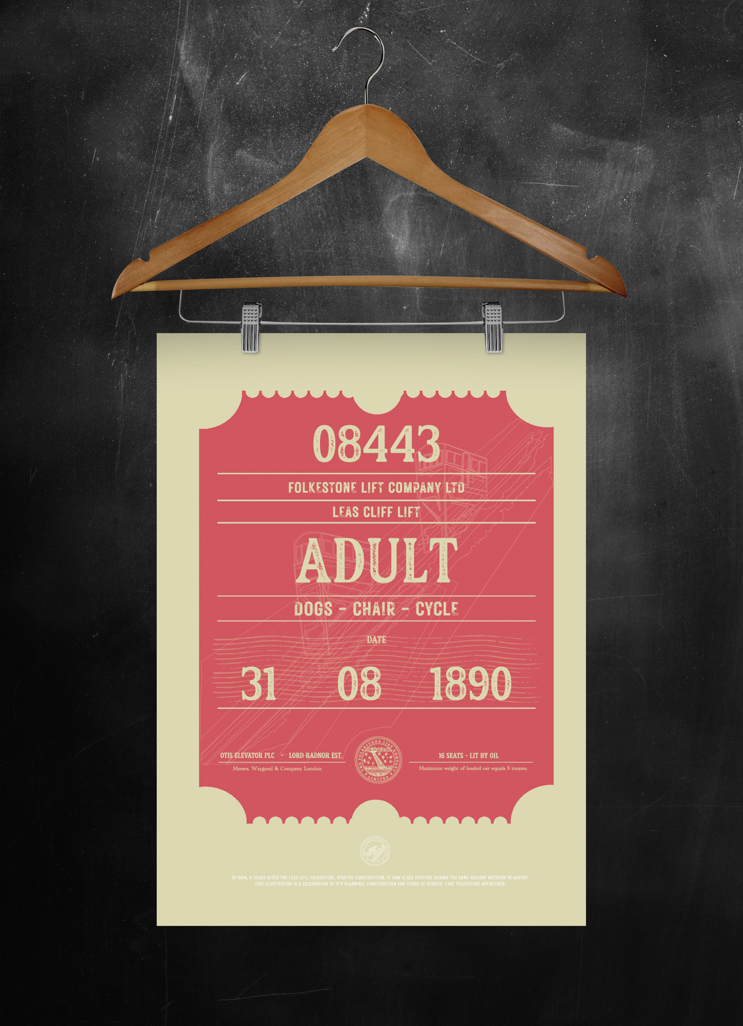 Folkestone Poster - 'Leas Lift Giant Ticket - Red & Green - Illustration