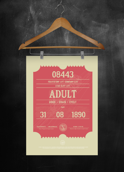 Folkestone Poster - 'Leas Lift Giant Ticket - Red & Green - Illustration