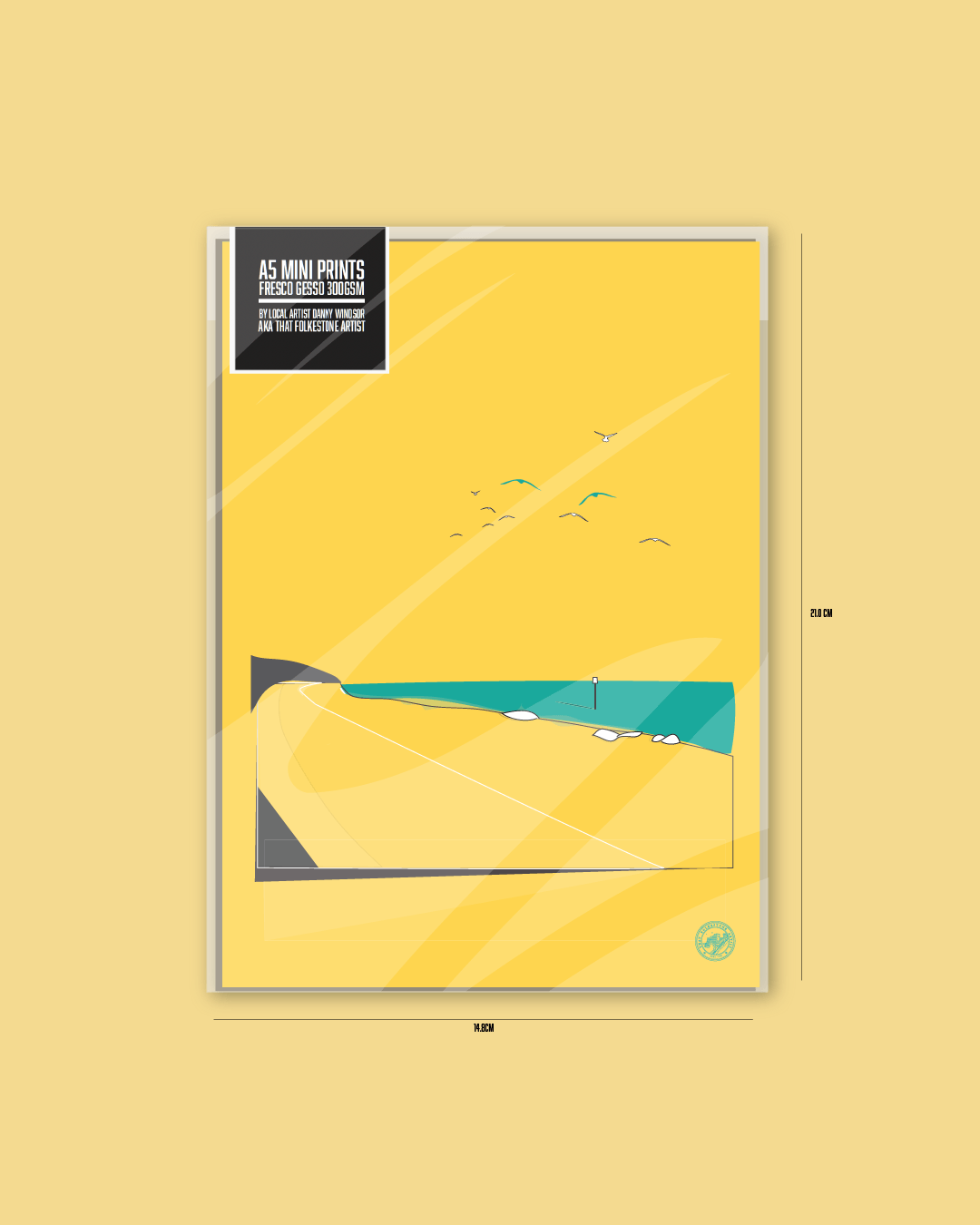 Yellow Beach - Mini Art Print Folkestone. A5